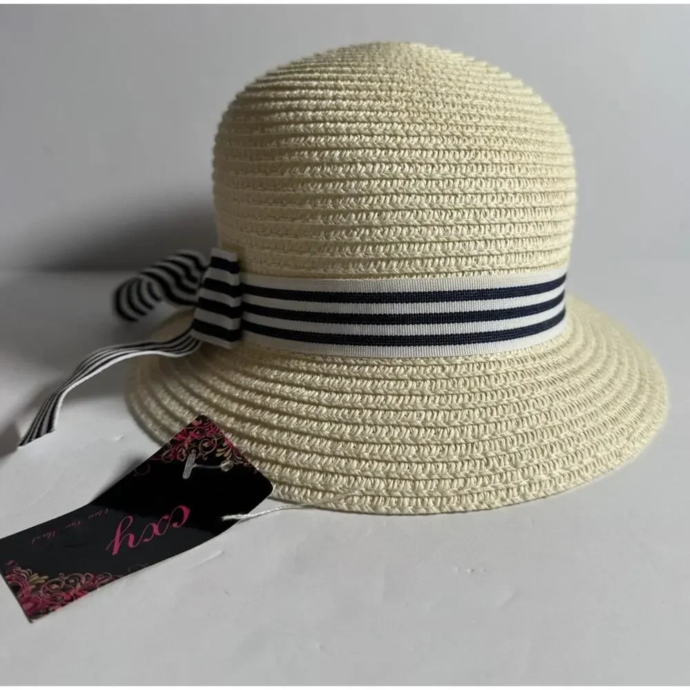 CXY Women’s Straw Sun Hat Cream Navy Striped Bow Cloche Bucket NWT